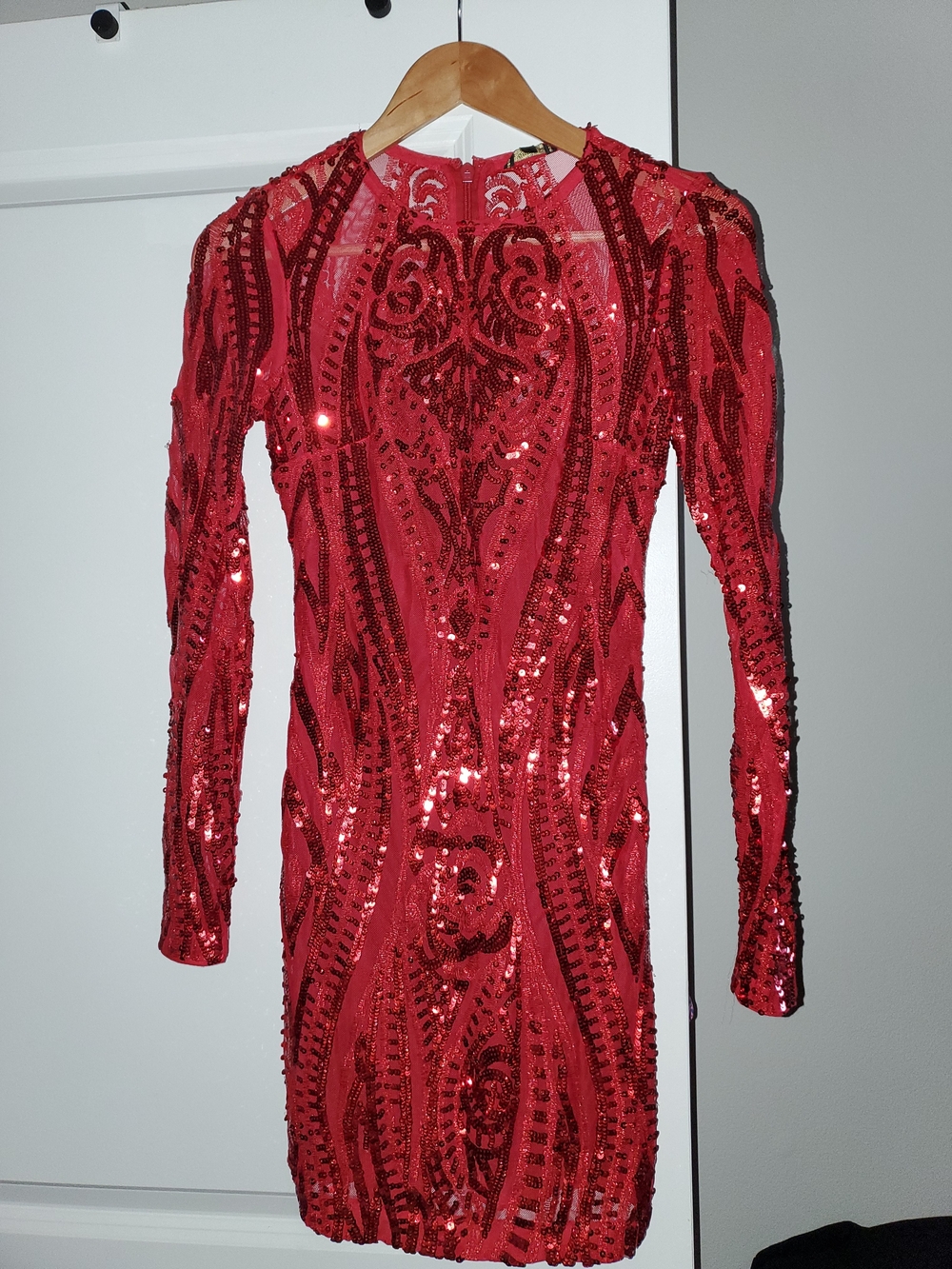 Guess Red Sequined Long-Sleeve Bodycon Dress